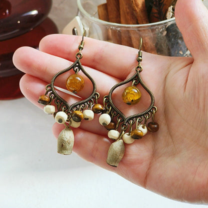 Bohemian Geometric Tassel Earrings with Agate Beads