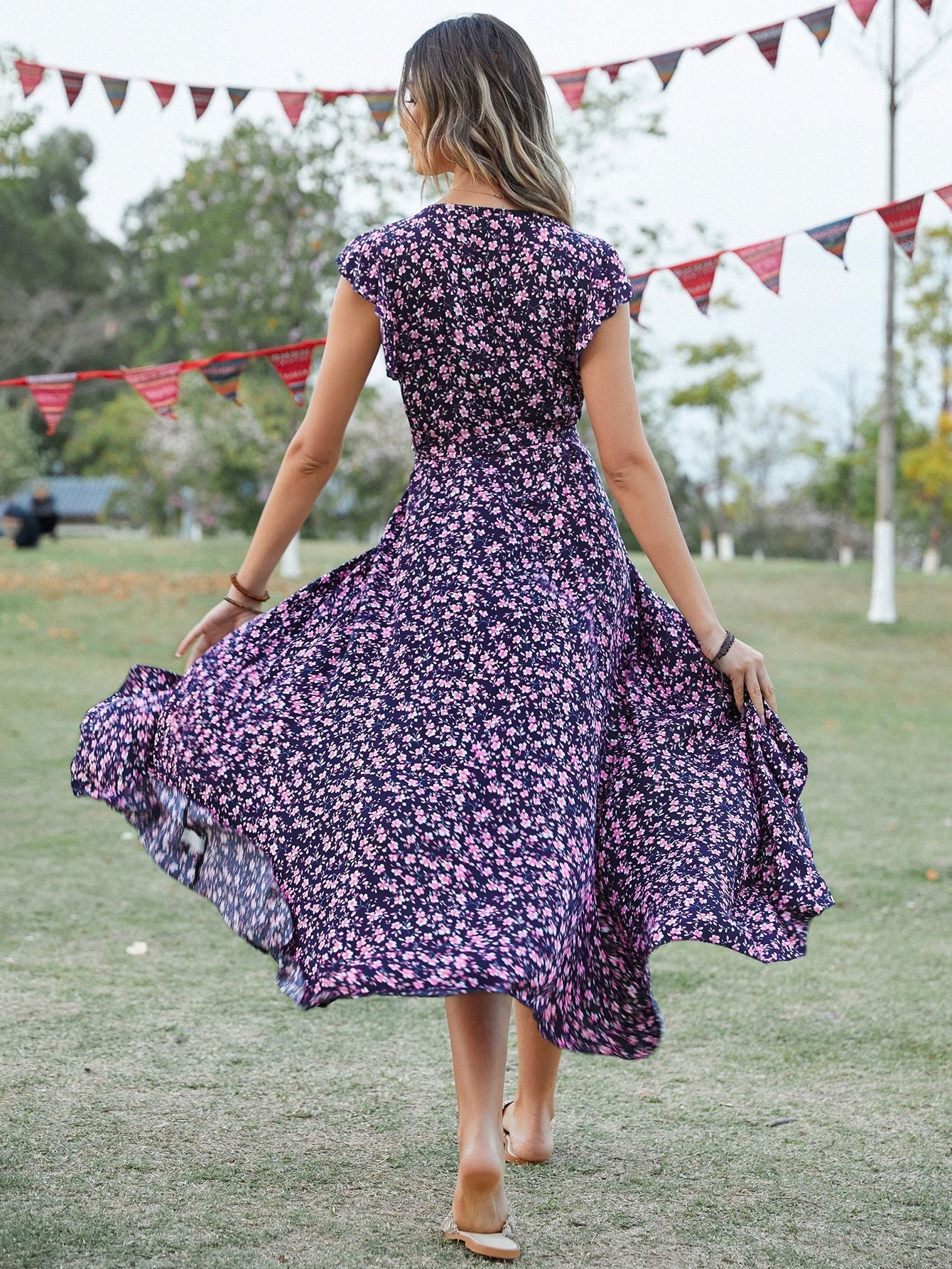 New Bohemian V-Neck Lace-Up Slim Fit Dress