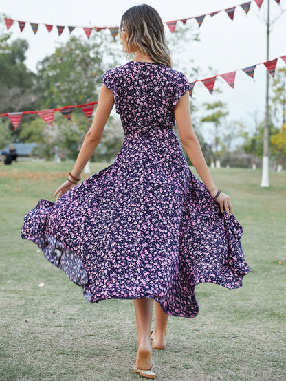 New Bohemian V-Neck Lace-Up Slim Fit Dress