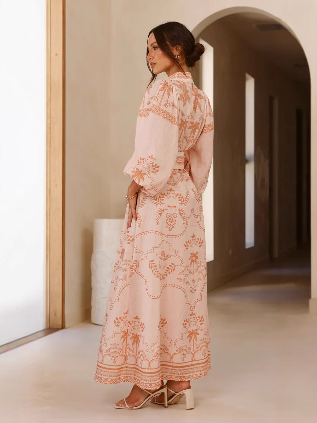 Loose-Fit Linen Puff Sleeve Dress with Waist Belt