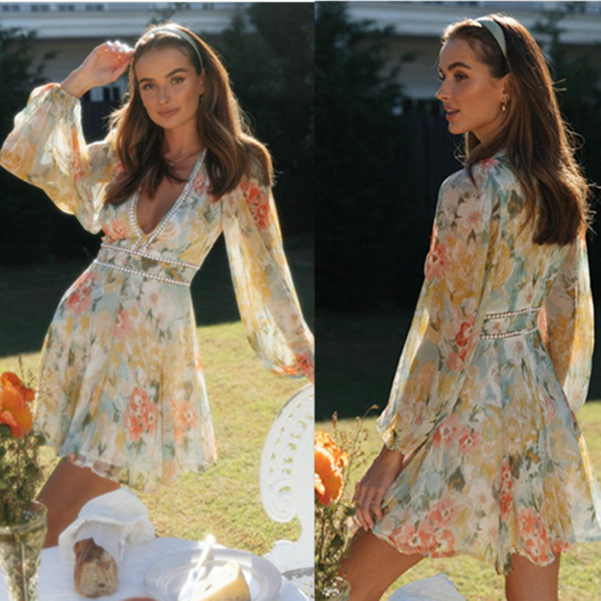 Fashion Printed V-Neck Bubble Sleeve Lace Patchwork Large Swing Dress