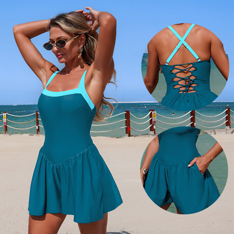 New Women'S One-Piece Color Block Swimsuit With Built-In Shorts