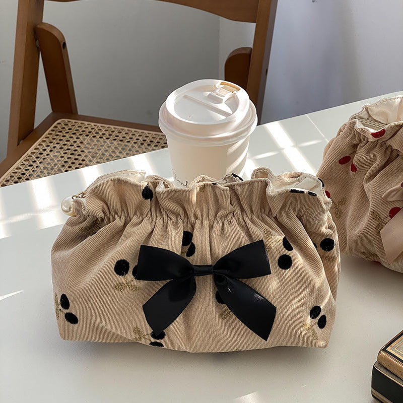 Corduroy Cherry Bow Cosmetic Bag
