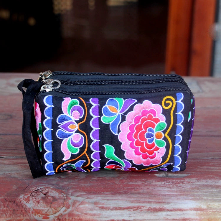 Ethnic Bag Fashion Fabric Coin Purse Embroidered Multi-Layer Zipper Bag Clutch Bag
