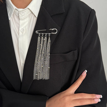 Trendy Metal Chain Tassel Brooch Pin With Stone Detail