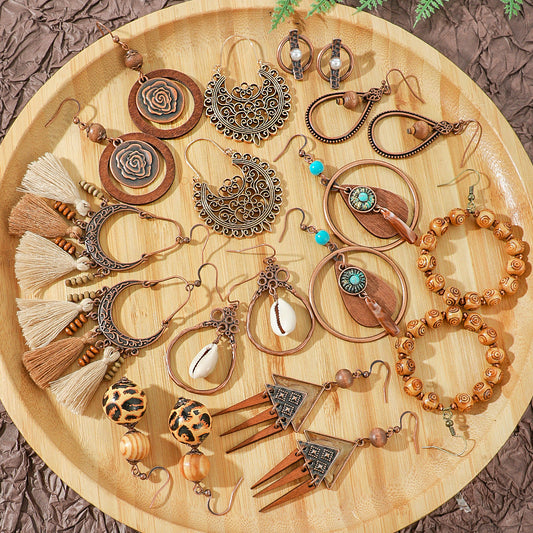 Bohemian Tassel Earrings Geometric Wood Beads Handmade Jewelry