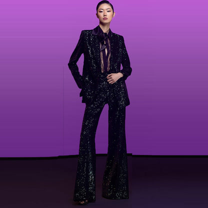 Fashionable Velvet Sequin Double-Breasted Blazer And Flared Pants Set