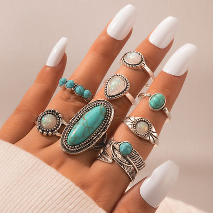 Bohemian Style Carved Feather Turquoise Ring Set
