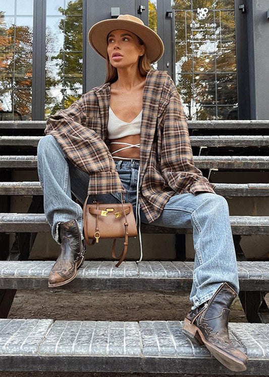 Oversized Cotton Plaid Button Up Shirt Brown