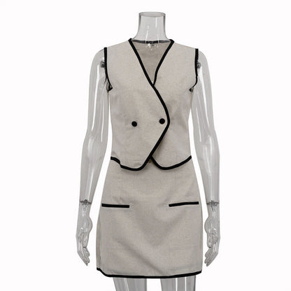Casual V-Neck Cotton Vest Skirt Set for Women