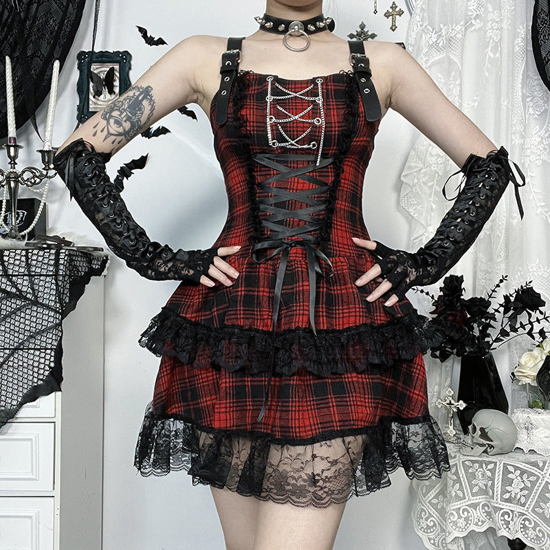 Gothic Style Checkered Mini Dress Comfortable Versatile Outfit