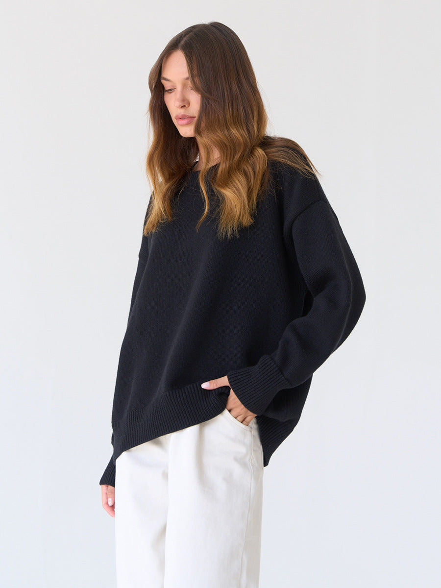 Classic Round Neck Sweater Solid Color Knit Top Casual Elegance