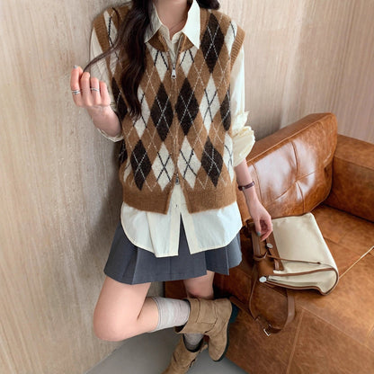 Diamond Knit Vest Cardigan Lightweight Polyester