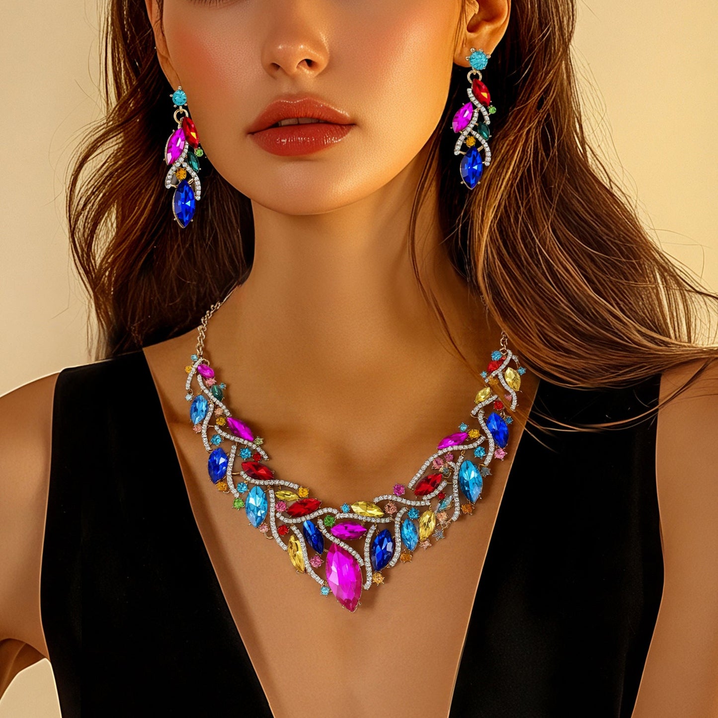 Crystal Gemstone Necklace and Earring Set with Floral Design for Elegant Occasions