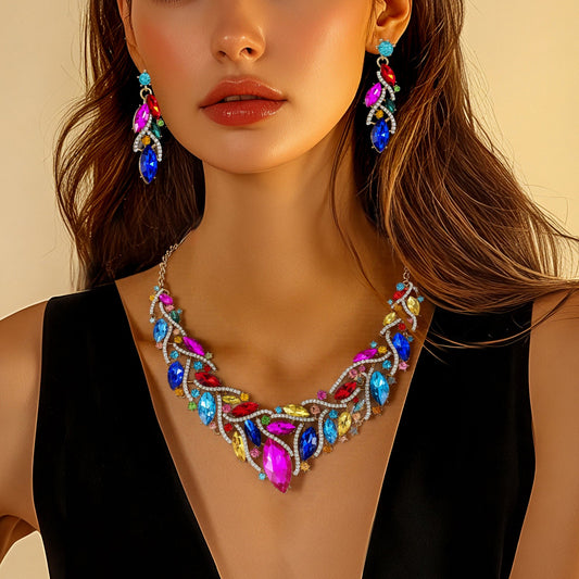Crystal Gemstone Necklace and Earring Set with Floral Design for Elegant Occasions