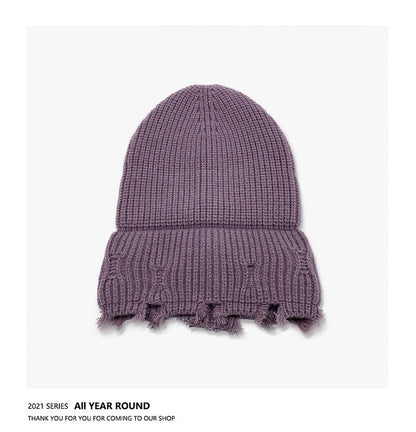 Haila - Solid Color Distressed Frayed Knitted Hat for Women