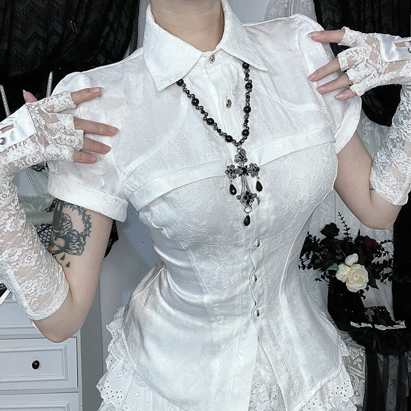 Lace Patchwork Short Sleeve Shirt - Dark Aesthetic Street Style