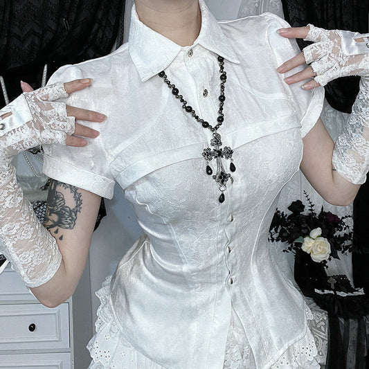 Lace Patchwork Short Sleeve Shirt - Dark Aesthetic Street Style