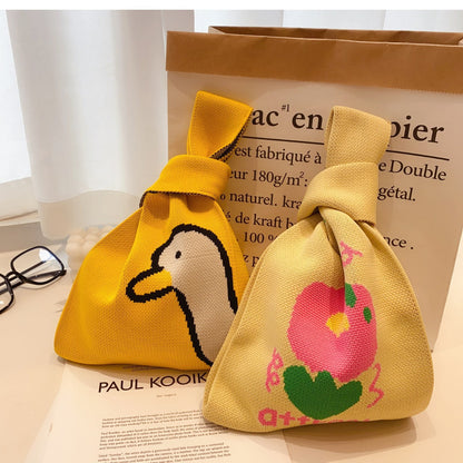 Trendy Cartoon Floral Knitted Tote Bag for Women
