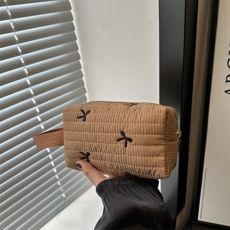 Cute Bow Embroidery Portable Puffer Cosmetic Bag