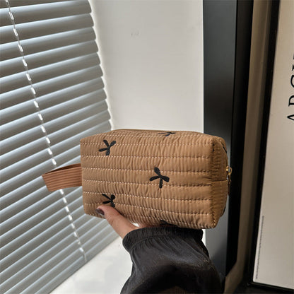 Cute Bow Embroidery Portable Puffer Cosmetic Bag