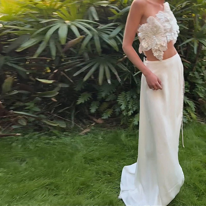 Backless Sequin Tie-Up Top And Split Skirt Set