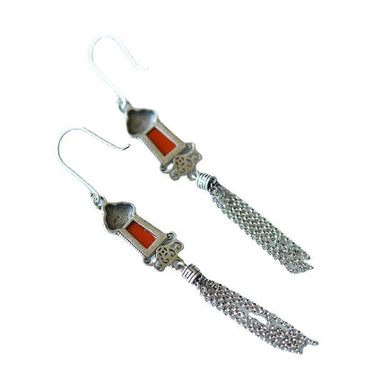 S925 Silver Tassel Earrings Female Literary Retro Knot Elegant National Style Exaggerated Long Earrings.