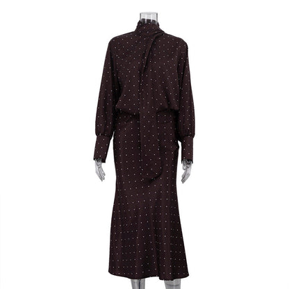 Elegant Polka Dot Satin Skirt Set with Long Sleeve Tie Blouse