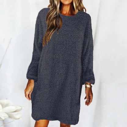 New Autumn And Winter Solid Color Comfortable Plush Long Sleeve Round Neck Loose Dress