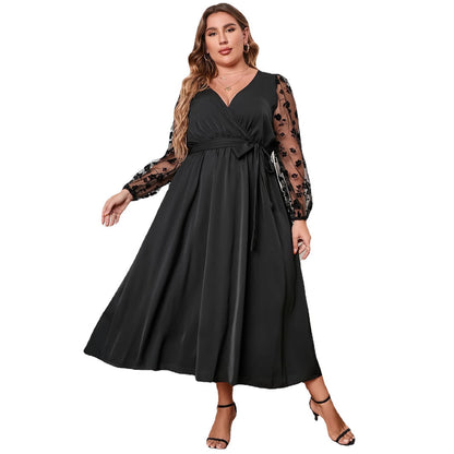 Fashionable Long Sleeve Loose Plus Size Dress with Geometric Pattern