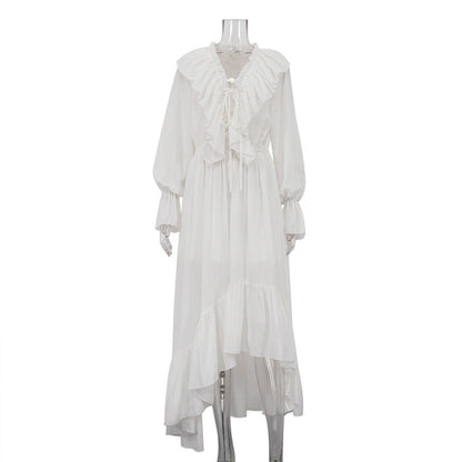 V Neck Ruffled Sleeve Asymmetrical White Chiffon Maxi Dress