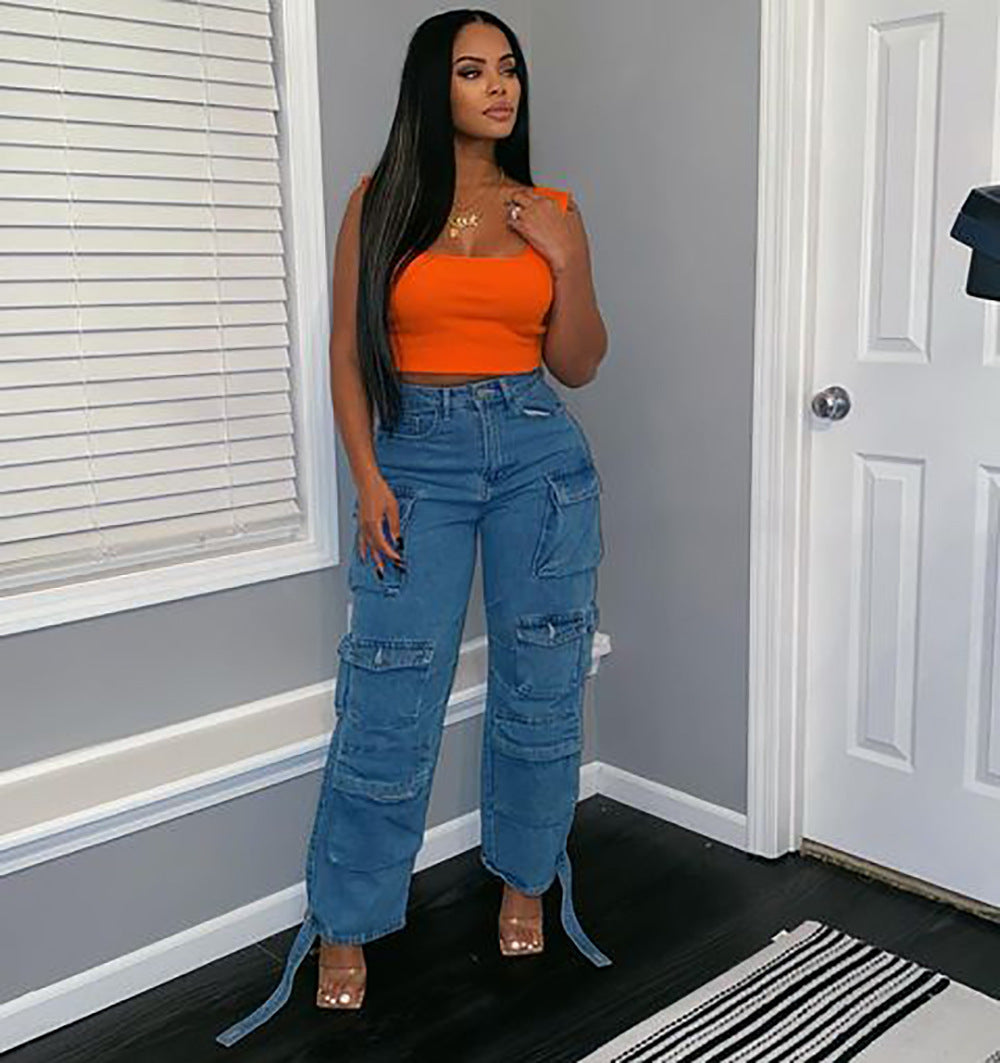 Trendy High Waist Cargo Jeans With Pockets