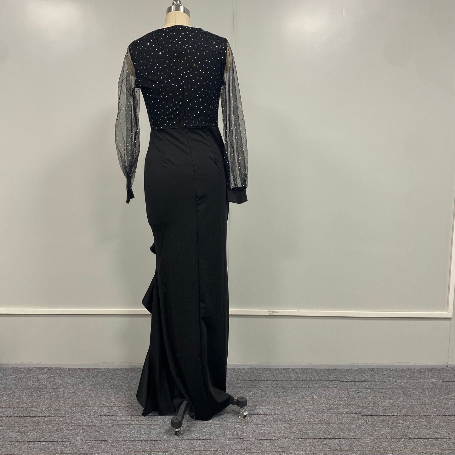 Elegant Black Midi Dress With Sheer Sequin Overlay