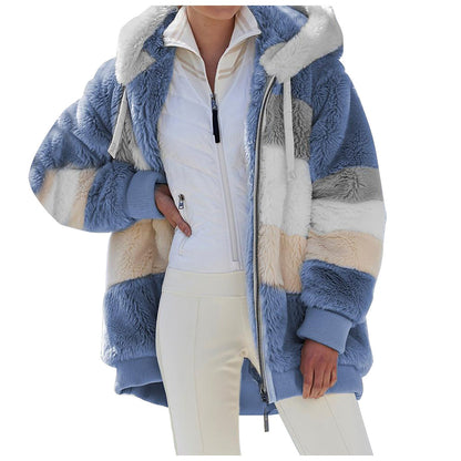 Autumn And Winter Warm Plush Patchwork Zipper Pocket Hooded Loose Coat Women