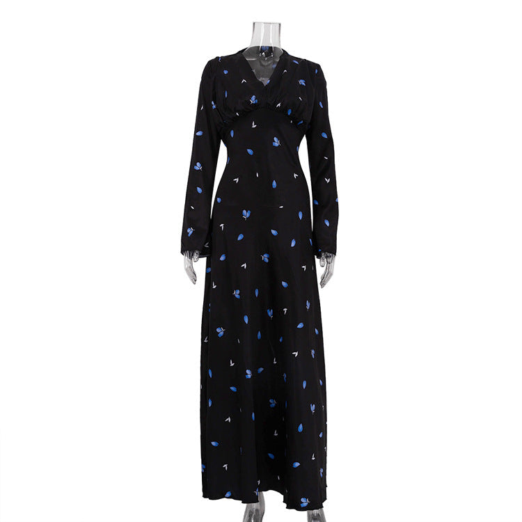 Elegant Floral Print Satin Maxi Dress with V-Neck and Long Sleeves