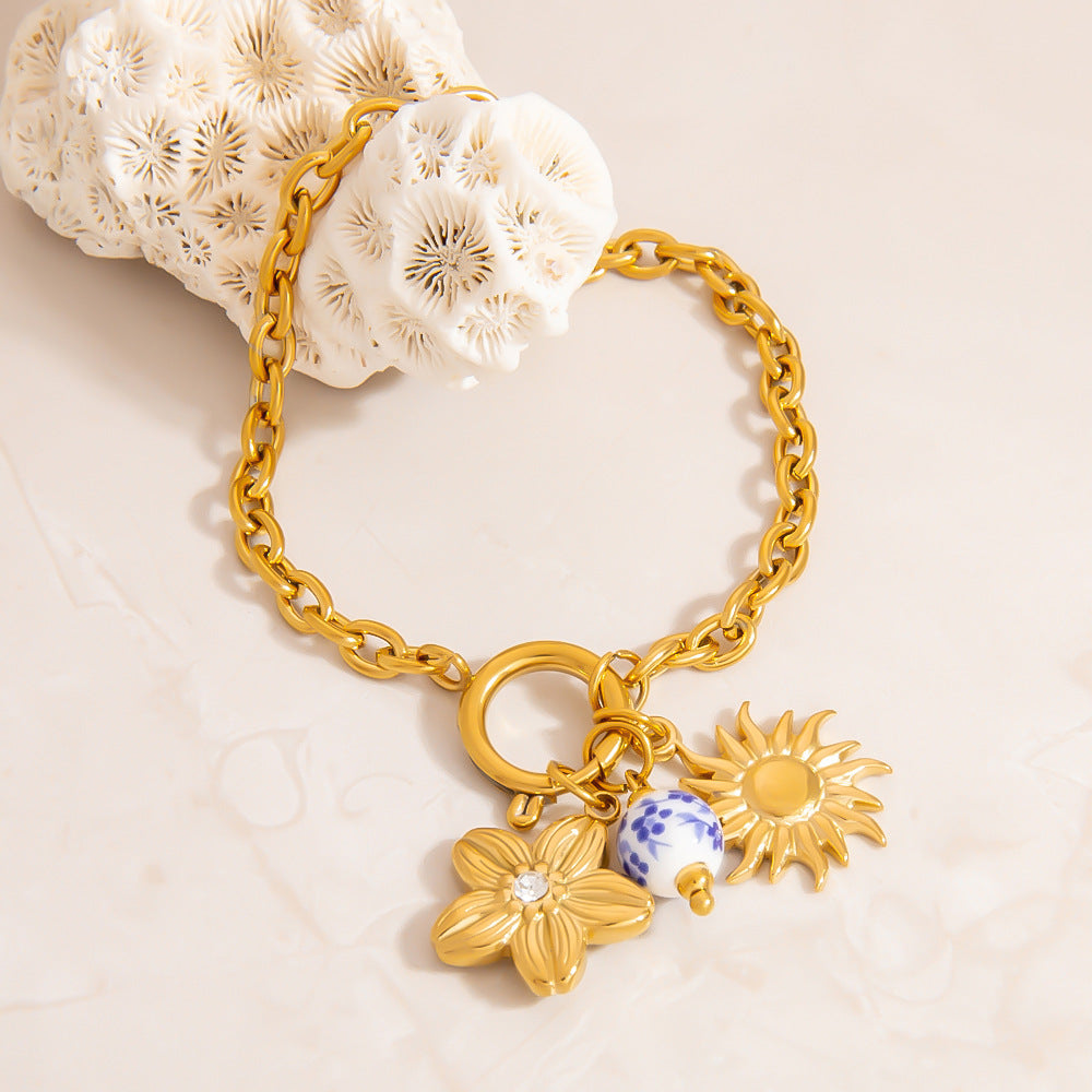 Floral Pendant Stainless Steel Bracelet for Women