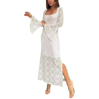 Elegant Lace Split Maxi Dress with Flared Sleeves