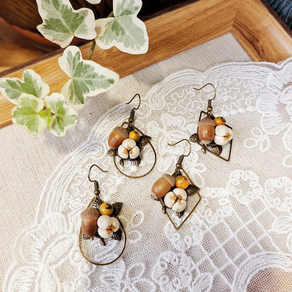 Geometric Botanical Wood Acorn Dangle Earrings