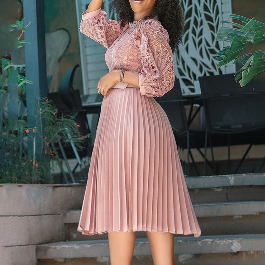 Elegant Lace Pleated Dress All-Season Casual Dress