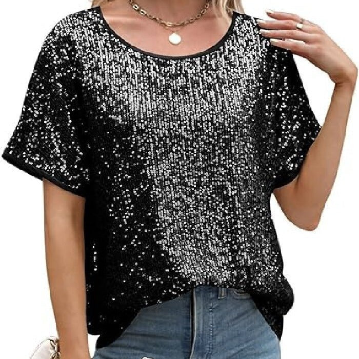Sequin Deep V-Neck Short Sleeve Top