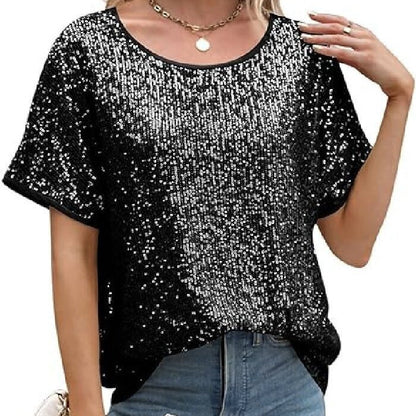 Sequin Deep V-Neck Short Sleeve Top