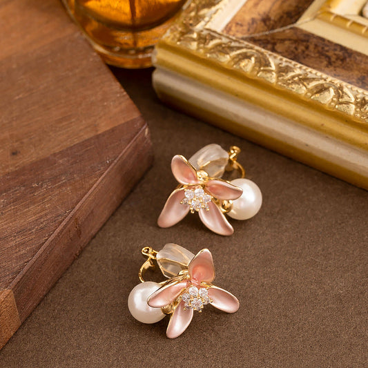 Dopamine Pink Enamel Flower Clip-On Earrings With Pearls