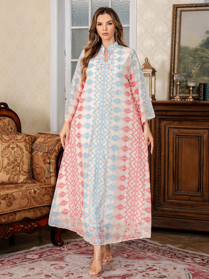Muslim Embroidered Long Dress Traditional Abaya Green and Beige