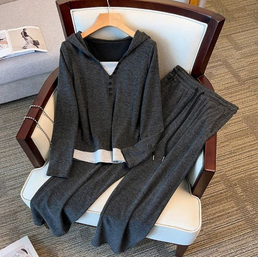 Casual Hoodie Button Top And Wide Leg Pants Set