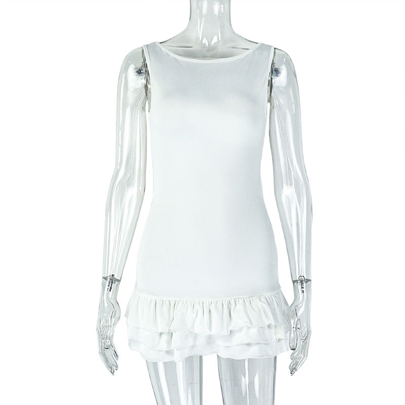 Trendy Solid Color Pleated Mini Dress With Sleeveless Round Neck