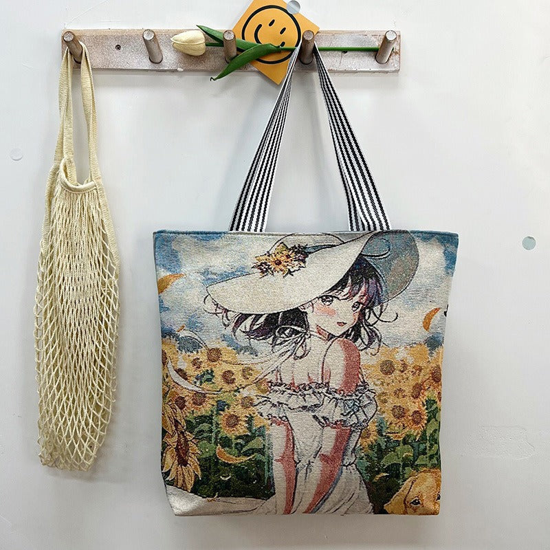 Large Capacity Tote Bag with Golden Embroidery Creative Pattern