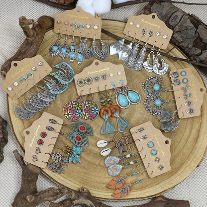 Vintage Lantern Flower Long Earrings Turquoise Boho Jewelry Set