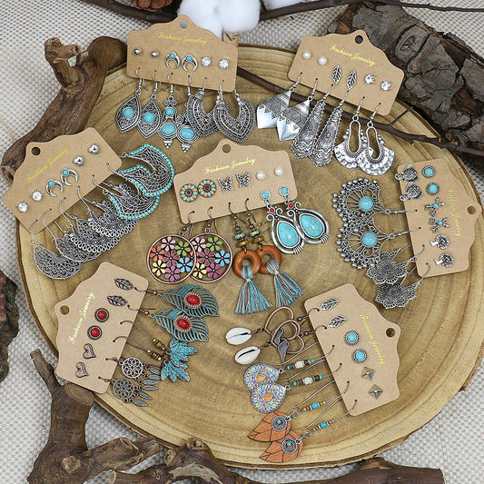 Vintage Lantern Flower Long Earrings Turquoise Boho Jewelry Set