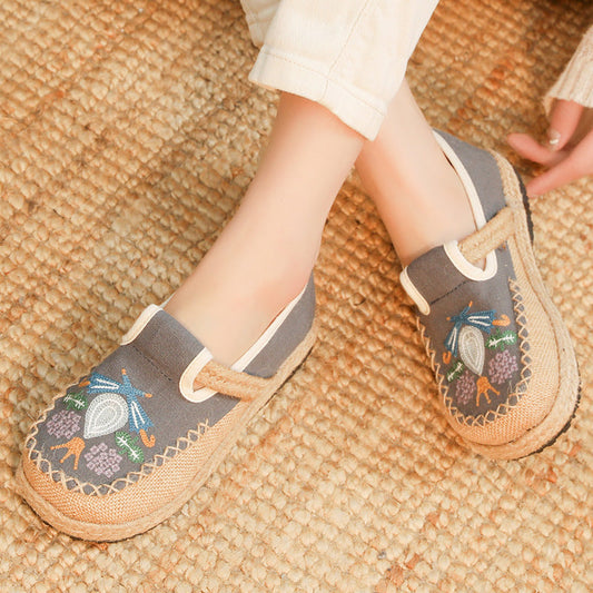 Comfortable Round Toe Cotton Hemp Midsole Women'S Casual Shoes, Ethnic Style Lazy Person, One Footed Fisherman'S Shoes, Retro Embroidered Shoes