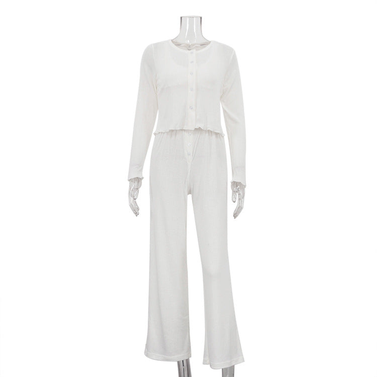 Casual Long Sleeve Cardigan Pajama Set with Pants
